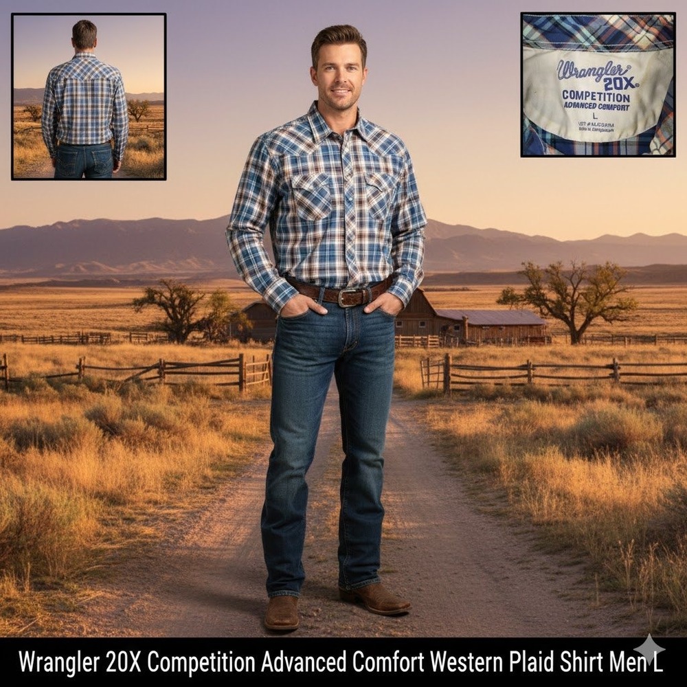Wrangler 20X Competition Plaid Pearl Snap Flip Cuff Long Sleeve Shirt Mens Large